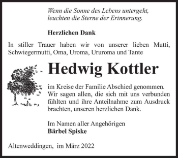 Traueranzeige von Hedwig Kottler  von Magdeburger Volksstimme