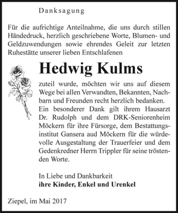 Traueranzeige von Hedwig Kulms  von Magdeburger Volksstimme