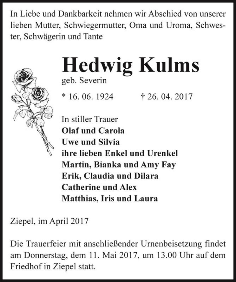  Traueranzeige für Hedwig Kulms (geb. Severin)  vom 06.05.2017 aus Magdeburger Volksstimme