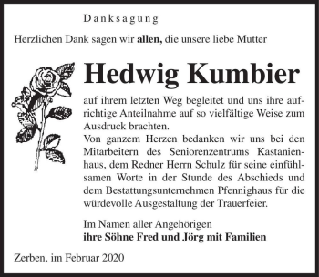 Traueranzeige von Hedwig Kumbier  von Magdeburger Volksstimme