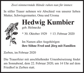 Traueranzeige von Hedwig Kumbier (geb. Helmecke)  von Magdeburger Volksstimme