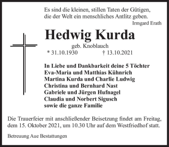 Traueranzeige von Hedwig Kurda (geb. Knoblauch)  von Magdeburger Volksstimme