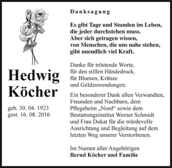 Traueranzeige von Hedwig Köcher  von Magdeburger Volksstimme
