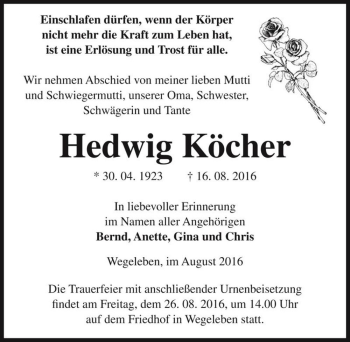 Traueranzeige von Hedwig Köcher  von Magdeburger Volksstimme