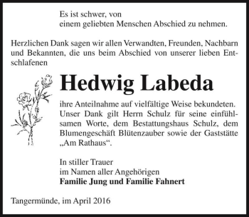 Traueranzeige von Hedwig Labeda  von Magdeburger Volksstimme
