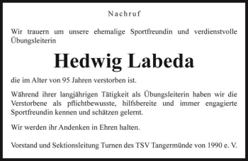 Traueranzeige von Hedwig Labeda  von Magdeburger Volksstimme