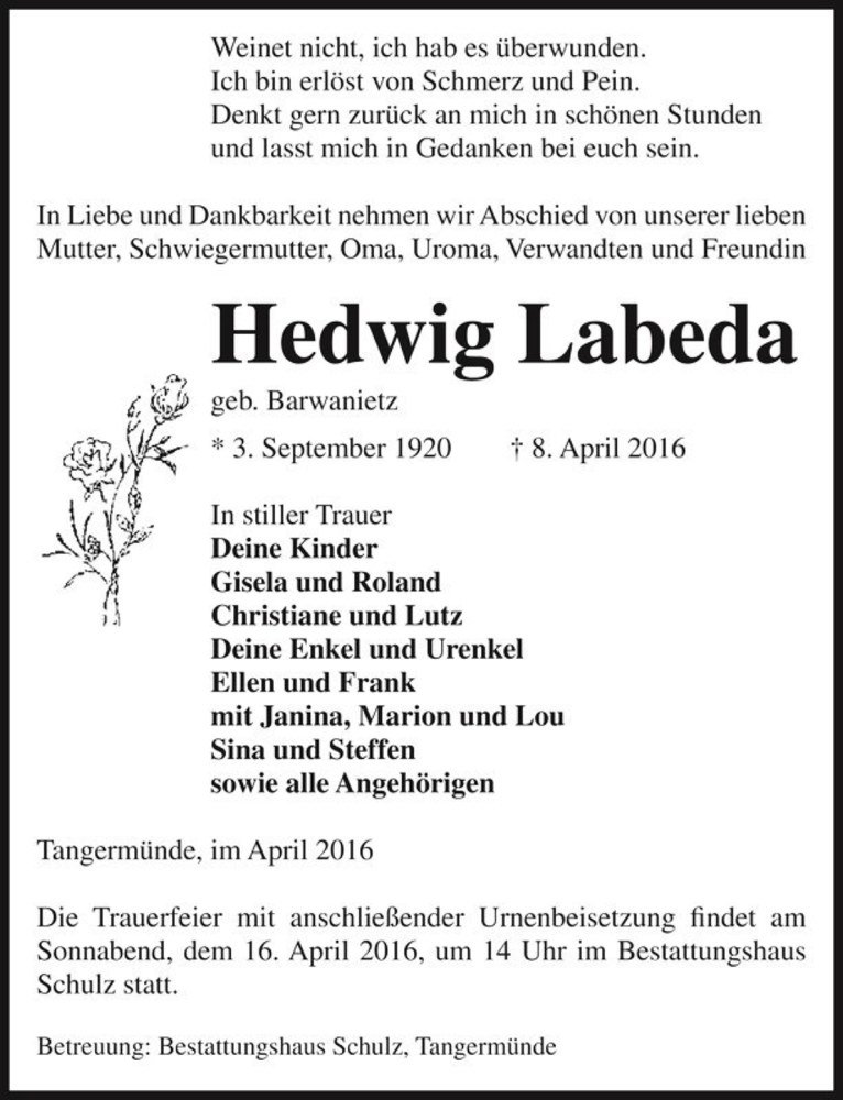  Traueranzeige für Hedwig Labeda (geb. Barwanietz)  vom 12.04.2016 aus Magdeburger Volksstimme