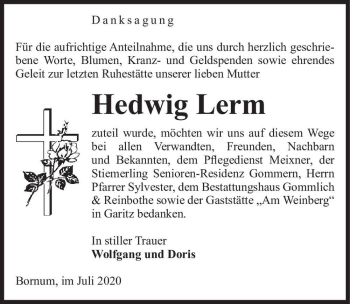 Traueranzeige von Hedwig Lerm  von Magdeburger Volksstimme