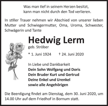 Traueranzeige von Hedwig Lerm (geb. Ströber)  von Magdeburger Volksstimme
