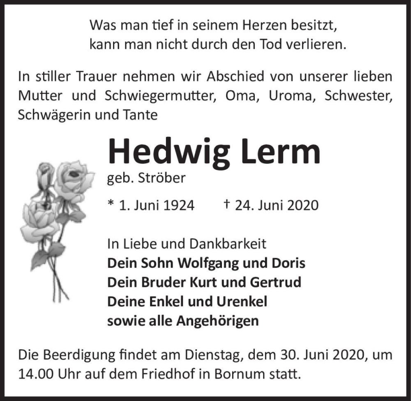  Traueranzeige für Hedwig Lerm (geb. Ströber)  vom 27.06.2020 aus Magdeburger Volksstimme