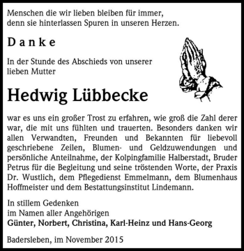 Traueranzeige von Hedwig Lübbecke  von Magdeburger Volksstimme