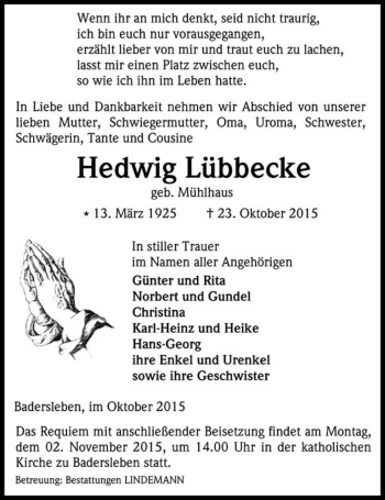 Traueranzeige von Hedwig Lübbecke (geb. Mühlhaus)  von Magdeburger Volksstimme