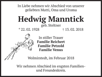Traueranzeige von Hedwig Manntick (geb. Steltner)  von Magdeburger Volksstimme