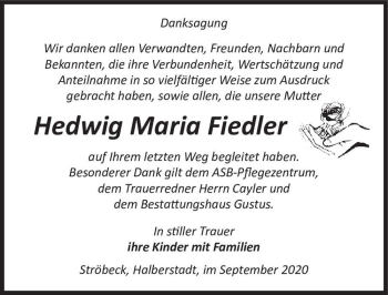 Traueranzeige von Hedwig Maria Fiedler  von Magdeburger Volksstimme