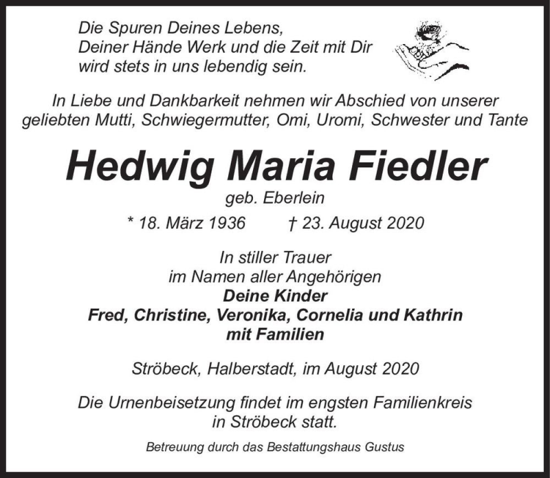  Traueranzeige für Hedwig Maria Fiedler (geb. Eberlein)  vom 29.08.2020 aus Magdeburger Volksstimme