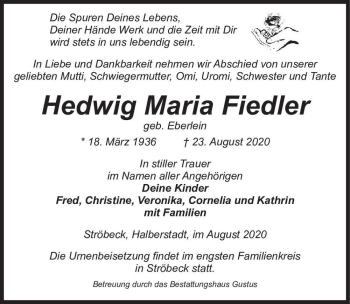 Traueranzeige von Hedwig Maria Fiedler (geb. Eberlein)  von Magdeburger Volksstimme