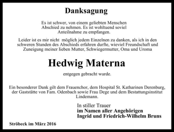 Traueranzeige von Hedwig Materna  von Magdeburger Volksstimme