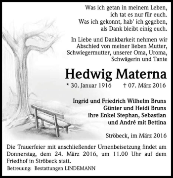 Traueranzeige von Hedwig Materna  von Magdeburger Volksstimme