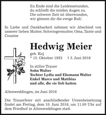Traueranzeige von Hedwig Meier (geb. Koj)  von Magdeburger Volksstimme
