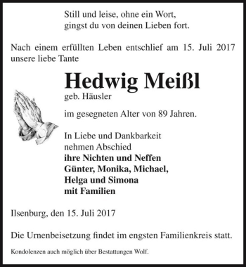 Traueranzeige von Hedwig Meißl (geb. Häusler)  von Magdeburger Volksstimme