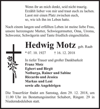 Traueranzeige von Hedwig Motz (geb. Raab)  von Magdeburger Volksstimme