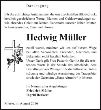 Traueranzeige von Hedwig Müller  von Magdeburger Volksstimme