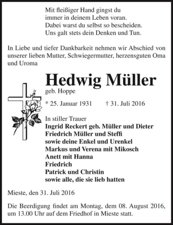 Traueranzeige von Hedwig Müller (geb. Hoppe)  von Magdeburger Volksstimme