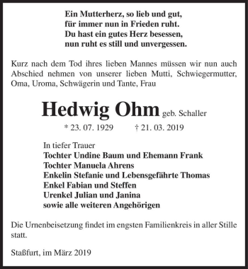 Traueranzeige von Hedwig Ohm (geb. Schaller)  von Magdeburger Volksstimme