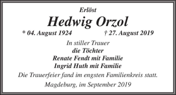 Traueranzeige von Hedwig Orzol  von Magdeburger Volksstimme
