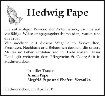 Traueranzeige von Hedwig Pape  von Magdeburger Volksstimme