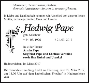 Traueranzeige von Hedwig Pape (geb. Mischorr)  von Magdeburger Volksstimme