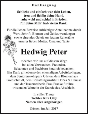 Traueranzeige von Hedwig Peter  von Magdeburger Volksstimme