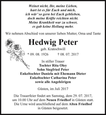 Traueranzeige von Hedwig Peter (geb. Kratochwill)  von Magdeburger Volksstimme
