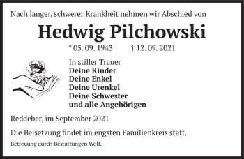Traueranzeige von Hedwig Pilchowski  von Magdeburger Volksstimme