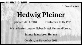 Traueranzeige von Hedwig Pleiner  von Magdeburger Volksstimme