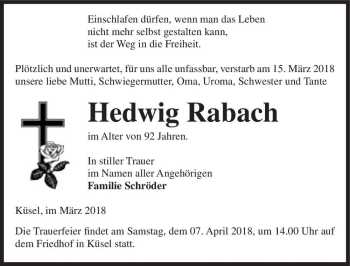 Traueranzeige von Hedwig Rabach  von Magdeburger Volksstimme