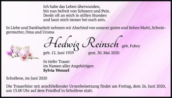Traueranzeige von Hedwig Reinsch (geb. Fohry)  von Magdeburger Volksstimme