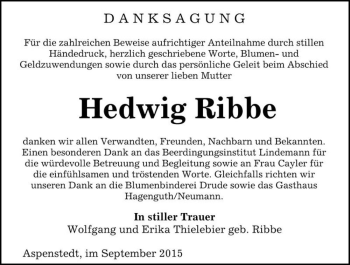 Traueranzeige von Hedwig Ribbe  von Magdeburger Volksstimme