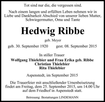 Traueranzeige von Hedwig Ribbe (geb. Meyer)  von Magdeburger Volksstimme