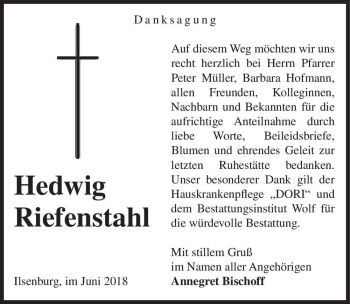 Traueranzeige von Hedwig Riefenstahl  von Magdeburger Volksstimme