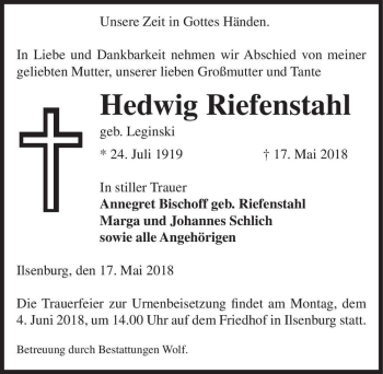 Traueranzeige von Hedwig Riefenstahl (geb. Leginski)  von Magdeburger Volksstimme