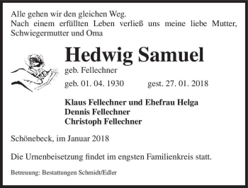 Traueranzeige von Hedwig Samuel (geb. Fellechner)  von Magdeburger Volksstimme