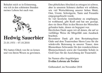 Traueranzeige von Hedwig Sauerbier  von Magdeburger Volksstimme