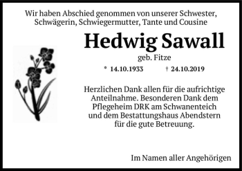 Traueranzeige von Hedwig Sawall (geb. Fitze)  von Magdeburger Volksstimme