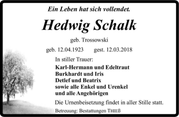 Traueranzeige von Hedwig Schalk (geb. Trossowski)  von Magdeburger Volksstimme
