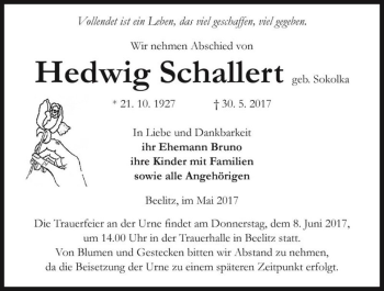 Traueranzeige von Hedwig Schallert (geb. Sokolka)  von Magdeburger Volksstimme