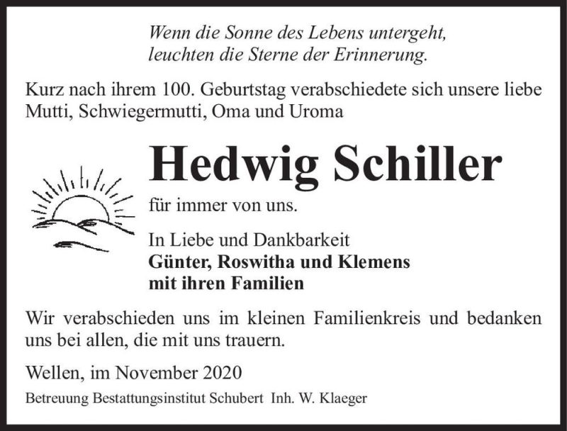  Traueranzeige für Hedwig Schiller  vom 07.11.2020 aus Magdeburger Volksstimme