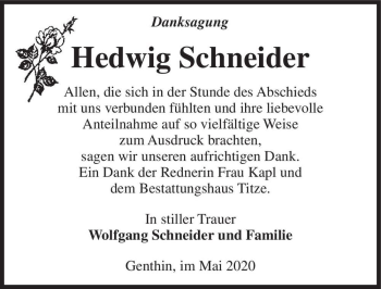 Traueranzeige von Hedwig Schneider  von Magdeburger Volksstimme