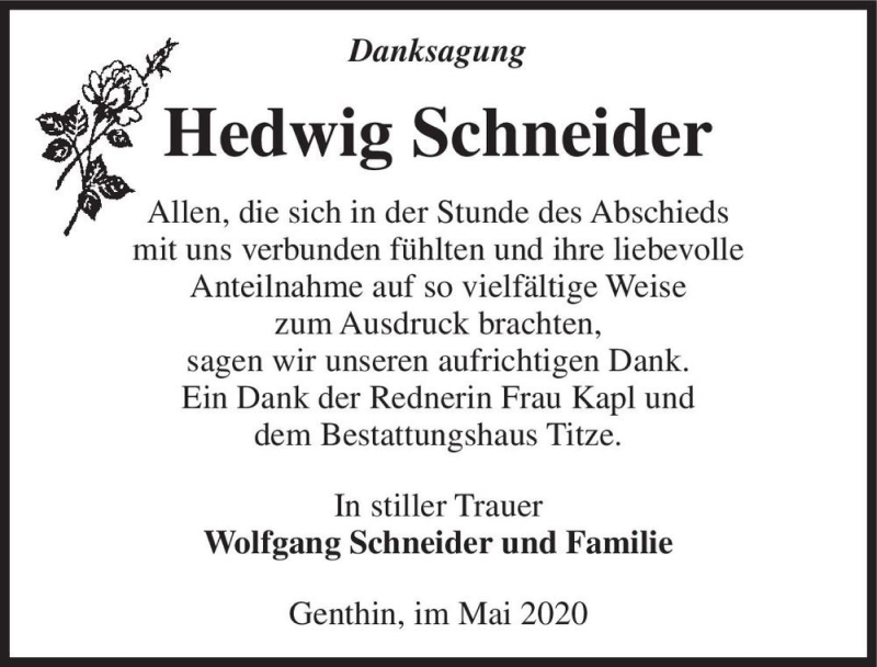  Traueranzeige für Hedwig Schneider  vom 16.05.2020 aus Magdeburger Volksstimme