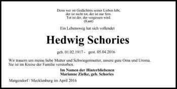 Traueranzeige von Hedwig Schories  von Magdeburger Volksstimme
